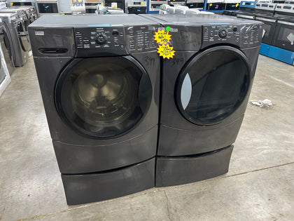 USED FRONT LOAD WASHER AND ELECTRIC DRYER SET WITH PEDISTALS