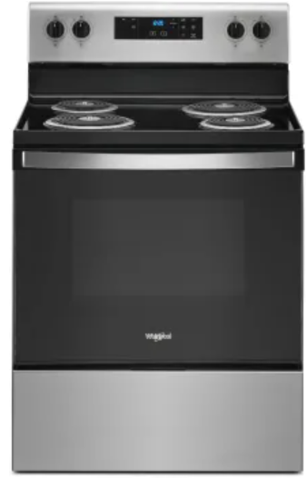 Whirlpool WFC150M0JS 30 Inch Freestanding Electric Range with 4 Coil Elements, 4.8 Cu. Ft. Oven Capacity, Storage Drawer, Manual Clean, Keep Warm Setting, Closed Door Broiling, Control Lock Mode, and Upswept SpillGuard™ Cooktop: Stainless Steel