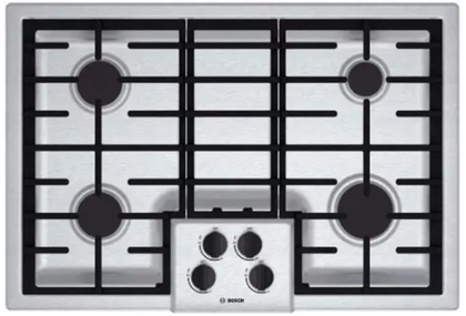 Bosch 500 Series NGM5055UC 31 Inch Gas Cooktop with 4 Sealed Burners, 16,000 BTU Burner, Cast Iron Continuous Grates, Heavy-Duty Metal Knobs, Centralized Controls and Low-Profile Design