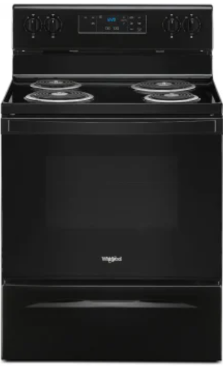 Whirlpool WFC315S0JB 30 Inch Freestanding Electric Range with 4 Coil Elements, 4.8 cu. ft. Oven Capacity, Storage Drawer, Self Cleaning Technology, Keep Warm Setting and Upswept SpillGuard™ Cooktop: Black