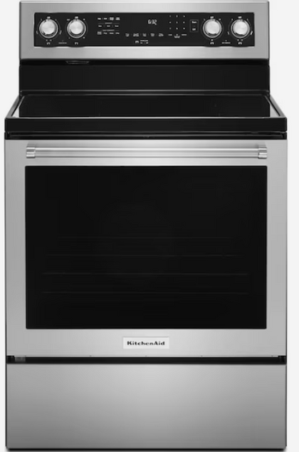 KitchenAid 30-in Smooth Surface 5 Elements 6.4-cu ft Self-Cleaning Convection Oven Freestanding Electric Range (Stainless Steel with Printshield Finish) KFEG504KPS