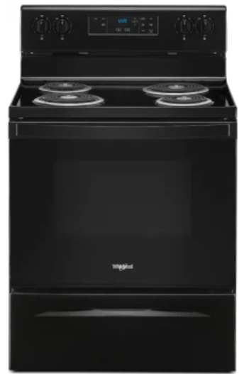 Whirlpool WFC150M0JB 30 Inch Freestanding Electric Range with 4 Coil Elements, 4.8 Cu. Ft. Oven Capacity, Storage Drawer, Manual Clean, Keep Warm Setting, Closed Door Broiling, Control Lock Mode, and Upswept SpillGuard™ Cooktop: Black