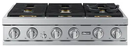 Dacor Transitional DTT36T960GS 36 Inch Gas Smart Rangetop with 6 Sealed Burners, Continuous Grates, Simmersear™ Brass Burners, Illumina™ Knobs, Auto-Connected Hood, SmartThings Integration, Perma-Flame™, and Wok Ring: Silver Stainless