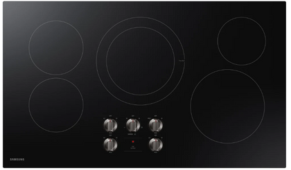 Samsung NZ36R5330RK 36 Inch Electric Cooktop with 5 Burner Elements, Smooth Glass Ceramic Surface, 3 kW Simmer, 1.2 kW Melt, Blue LED Illuminated Knobs, Dishwasher Safe Control Knobs, Hot Surface Indicator, and ADA Compliant