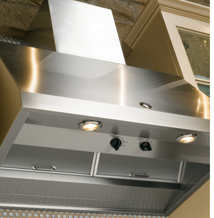 GE Cafe Series CV936MSS 30 Inch Wall Mount Range Hood with 4 Speeds, Halogen Lighting, Night Light, 590 CFM, Vertical Exhaust and Removable Grease Filter: Stainless Steel