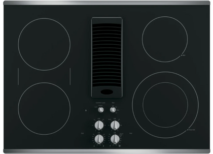 GE Profile PP9830SRSS 30 Inch Electric Cooktop with 4 Elements, Ceramic Glass Cooktop, Ribbon Heating Elements, Bridge Element, Power Boil, Downdraft Exhaust, Control Lock, Knob Controls, Hot Surface Indicator, Stainless Steel Trim, and Fit Guarantee