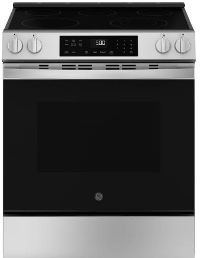 GE 500 Series GRS500PVSS 30 Inch Slide-In Electric Range with 5 Smoothtop Elements, 5.3 cu. ft. Oven Capacity, Power Boil™ Burner, Warming Zone, Storage Drawer, Sabbath Mode, Self & Steam Clean, and ADA Compliant