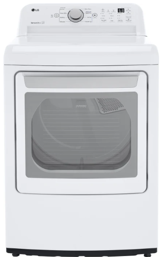 LG DLE7150W 27 Inch Electric Dryer with 7.3 Cu. Ft. Capacity, 8 Dryer Programs, Sensor Dry, Dial-A Cycle™ Knob, FlowSense™ Duct Clogging Indicator, and Energy Star Certified: White