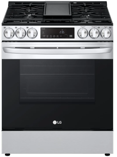 LG LSGL5833F 30 Inch Slide-In Smart Gas Range with 5 Sealed Burners, 5.8 Cu. Ft. Capacity, Cast Iron Grates, Air Fry, EasyClean® + Self Clean, Storage Drawer, Wi-Fi Connect, and Sabbath Mode: PrintProof™ Stainless Steel