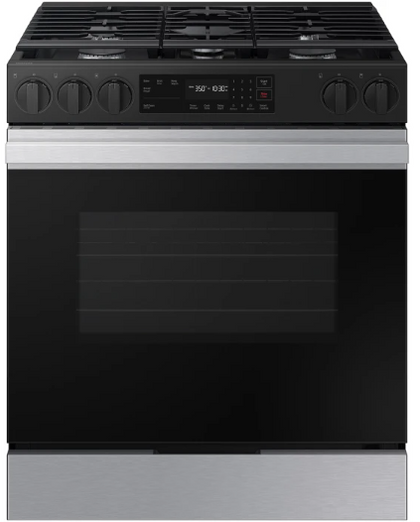 Samsung BESPOKE NSG6DG8100SR 30 Inch Smart Slide-In Gas Range with 5 Sealed Burners, 6.0 cu. ft. Capacity, Precision Knobs, Glass Touch Controls, 17K BTU Power Burner, Storage Drawer, Self-Clean, Sabbath Mode, and ADA Compliant: Stainless Steel