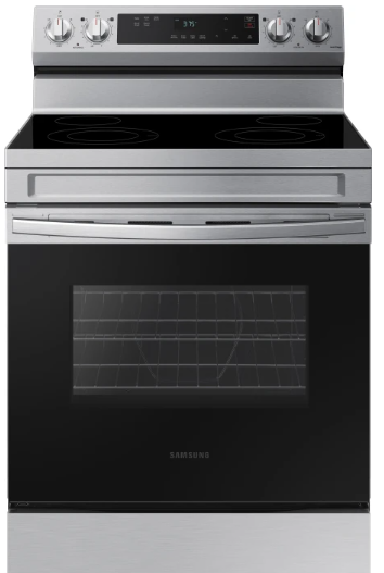 Samsung NE63A6111SS 30 Inch Freestanding Electric Smart Range with 4 Smoothtop Burners, 6.3 Cu. Ft. Capacity, Storage Drawer, Hidden Bake Element, Steam Clean, SmartThings Cooking, Wi-Fi & Voice Enabled, Dual Ring Burner, and Star-K Certified