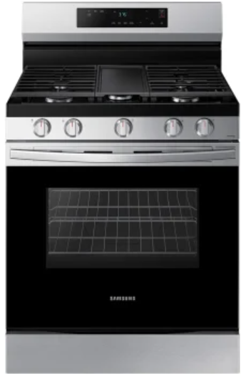 Samsung NX60A6111SS 30 Inch Freestanding Gas Smart Range with 5 Sealed Burners, 6.0 Cu. Ft. Capacity, Storage Drawer, SmartThings Cooking, Wi-Fi & Voice Connectivity, Integrated Griddle, 17K BTU Power Burner, ETL Listed, and Star-K Certified