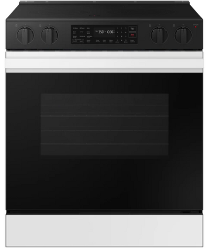 Samsung BESPOKE NSE6DB830012 30 Inch Slide-In Electric Smart Range with 5 Elements, 6.3 cu. ft. Convection Oven, Warming Center, Storage Drawer, Air Fry, Self & Steam Clean, and ADA Compliant: White Glass