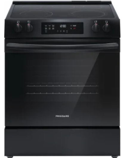 Frigidaire FCFE3062AB 30 Inch Freestanding Electric Range with 5.3 Cu. Ft. Capacity, 5 Smoothtop Elements, EvenTemp™ Element, SpaceWise® Element, Keep Warm Zone, Steam Clean, Store-More™ Storage, ADA Compliant and Energy Star Certified: Black