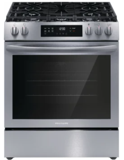 Frigidaire FCFG3083AS 30 Inch Freestanding Gas Range with 5 Sealed Burners, 5.1 cu. ft. Oven Capacity, Store-More™ Storage Drawer, Continuous Grates, Convection Bake, Delay Start, Keep Warm, Self Clean, 18,000 BTU Burner, Oval Burner, and CSA Listed