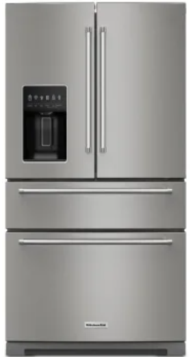 KitchenAid KRMF536RPS 36 Inch Freestanding French Door Refrigerator with 26.2 Cu. Ft. Total Capacity, External Water & Ice Dispenser, FreshChill™ Drawer, Preserva® Food Care System, FreshFlow™ Air Filter, and Sabbath Mode: PrintShield™ Stainless Steel