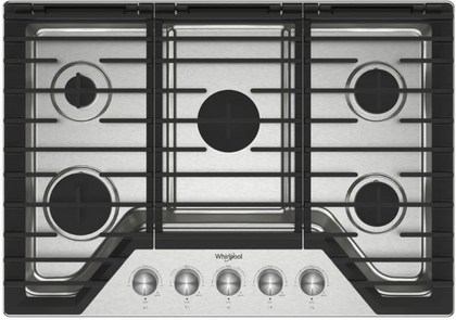 Whirlpool WCGK7030PS 30 Inch Gas Cooktop with 5 Sealed Burners, SpeedHeat™ Burner, Simmer Burner, EZ-2-Lift™ Hinged Cast-Iron Grates, and Upswept SpillGuard™ Cooktop