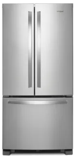 Whirlpool WRFF5333PZ 33 Inch Freestanding French Door Refrigerator with 22 cu. ft. Capacity, 5 Glass Shelves, Gallon Door Bins, Icemaker, Internal Water Dispenser, and ENERGY STAR®: Fingerprint Resistant Stainless Steel