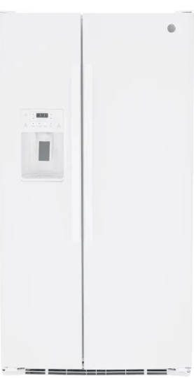 GE GSS25GGPWW 36 Inch Side-by-Side Refrigerator with 25.3 Cu. Ft. Capacity, 4 Glass Shelves, Gallon Door Storage, Multi-Level Drawers, Enhanced Shabbos Mode Capable, Frost Guard, Factory-Installed Ice Maker, and Integrated External Ice/Water Dispenser