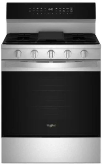 Whirlpool WFGS7530RZ 30 Inch Freestanding Gas Smart Range with 5 Sealed Burners, 5.3 cu. ft. Convection Oven, SpeedHeat™ Burner, Griddle Zone, Storage Drawer, Air Cooking, Air Fry, and Self+Steam Clean: Stainless Steel