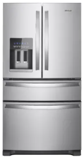 Whirlpool WRMF3636RZ 36 Inch Freestanding 4-Door French Door Refrigerator with 24.5 Cu. Ft. Capacity, 5 Glass Shelves, Gallon Door Bins, Pantry Drawer, External Ice/Water Dispenser, Icemaker, and ENERGY STAR®: Fingerprint Resistant Stainless Steel