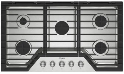 Whirlpool WCGK7036PS 36 Inch Gas Cooktop with 5 Sealed Burners, SpeedHeat™ Burner, Simmer Burner, EZ-2-Lift™ Hinged Cast-Iron Grates, Upswept SpillGuard™ Cooktop, and ADA Compliant