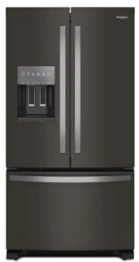 Whirlpool WRFF3436RV 36 Inch Freestanding French Door Refrigerator with 24.7 Cu. Ft. Capacity, 5 Glass Shelves, Gallon Door Bins, Deli Drawer, External Ice/Water Dispenser, Auto Icemaker, and ENERGY STAR®: Black Stainless Steel