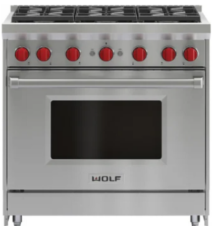 Wolf GR366 36 Inch Pro-Style Gas Range with 6 Dual-Stacked Sealed Burners, 5.5 cu. ft. Convection Oven, Continuous Grates, Infrared Broiler, Red Control Knobs, Island Trim and Star-K Certified: Natural Gas