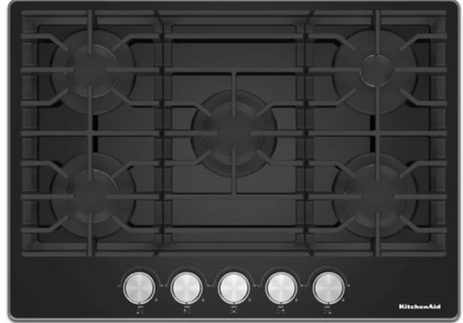 KitchenAid KCGG530PBL 30 Inch Gas Cooktop with 5 Sealed Burners, 56.2K Total BTUs, 18K BTU Central Burner, Black Glass Cooktop, Continuous Grates, Dishwasher Safe Cast-Iron Grates, Stainless Steel Knobs, LP Convertible Kit Included and ADA Compliant