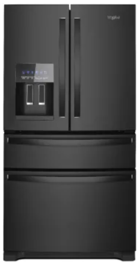 Whirlpool WRMF3636RB 36 Inch Freestanding 4-Door French Door Refrigerator with 24.5 Cu. Ft. Capacity, 5 Glass Shelves, Gallon Door Bins, Pantry Drawer, External Ice/Water Dispenser, Icemaker, and ENERGY STAR®: Black