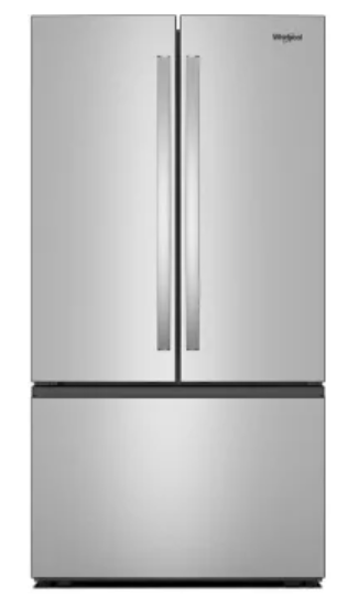 Whirlpool WRFF3336SZ 36 Inch Freestanding French Door Refrigerator with 31 cu. ft. Capacity, 4 Glass Shelves, Gallon Door Bins, Total Coverage Cooling, Internal Water Dispenser, Ice Maker, ADA Compliant, and ENERGY STAR®: Stainless Steel