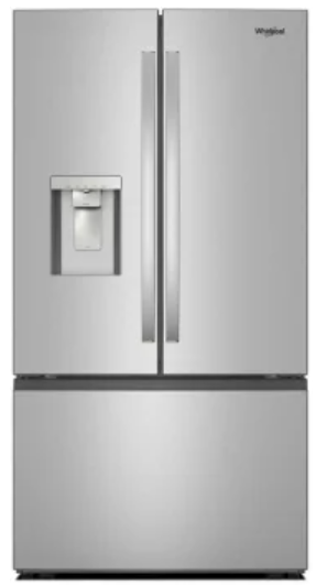 Whirlpool WRFF3536SZ 36 Inch Freestanding French Door Refrigerator with 30 cu. ft. Capacity, 4 Glass Shelves, Gallon Door Bins, Sabbath Mode, External Ice/Water Dispenser, ADA Compliant, and ENERGY STAR®: Fingerprint Resistant Stainless Steel