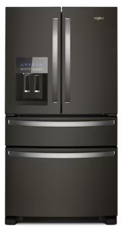 Whirlpool WRMF3636RV 36 Inch Freestanding 4-Door French Door Refrigerator with 24.5 Cu. Ft. Capacity, 5 Glass Shelves, Gallon Door Bins, Pantry Drawer, External Ice/Water Dispenser, Icemaker, and ENERGY STAR®: Black Stainless Steel