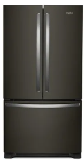 Whirlpool WRFF3236RV 36 Inch Freestanding French Door Refrigerator with 25.2 Cu. Ft. Capacity, 5 Glass Shelves, Gallon Door Bins, Deli Drawer, Internal Water Dispenser, Icemaker, and ENERGY STAR®: Black Stainless Steel