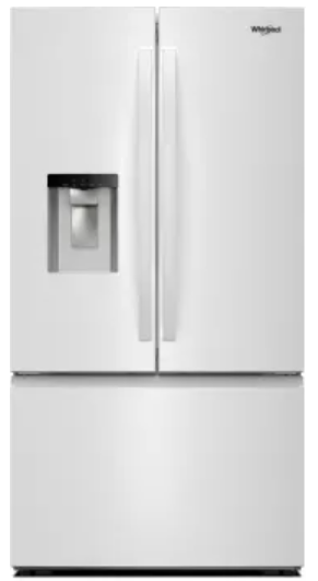 Whirlpool WRFF3536SW 36 Inch Freestanding French Door Refrigerator with 30 cu. ft. Capacity, 4 Glass Shelves, Gallon Door Bins, Sabbath Mode, External Ice/Water Dispenser, ADA Compliant, and ENERGY STAR®: White
