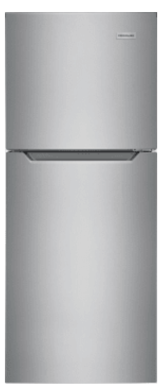 Frigidaire FFET1022UV 24 Inch Top Freezer Refrigerator with 10.1 cu. ft. Capacity, SpaceWise® Glass Shelving, Store-More™ Crisper Drawers, Store-More™ Door Bins, LED Lighting, Frost-Free, ADA Compliant, and Energy Star Certified: Brushed Steel