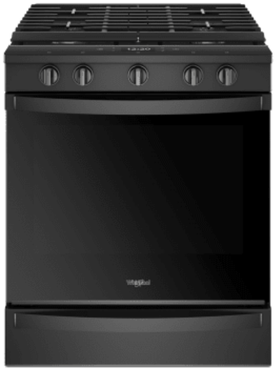 Whirlpool WEG750H0HB 30 Inch Slide-In Gas Smart Range with 5 Sealed Burners, 5.8 Cu. Ft. Oven Capacity, Storage Drawer, Self-Cleaning, Scan-to-Cook Technology, Frozen Bake™ Technology, ADA Compliant, and UL Listed: Black