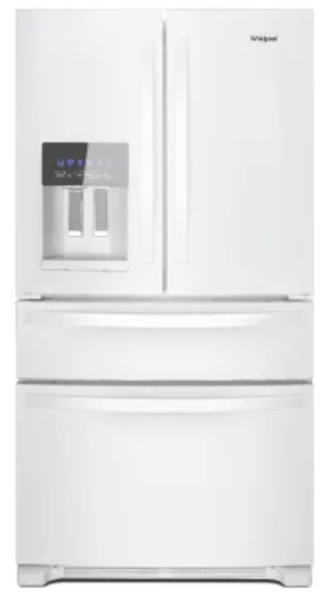 Whirlpool WRMF3636RW 36 Inch Freestanding 4-Door French Door Refrigerator with 24.5 Cu. Ft. Capacity, 5 Glass Shelves, Gallon Door Bins, Pantry Drawer, External Ice/Water Dispenser, Icemaker, and ENERGY STAR®: White