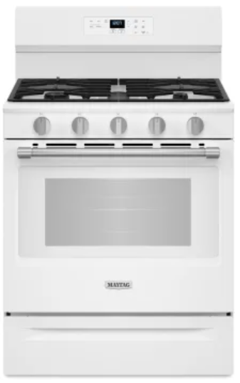 Maytag MFGS6030RW 30 Inch Freestanding Gas Range with 5 Sealed Burners, 5.0 cu. ft. Air Powered Convection Oven, Power™ Burner, Storage Drawer, Air Baking, No Preheat Air Fry, and Self Clean: White