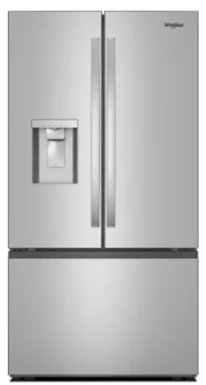 Whirlpool WRFF3736SZ 36 Inch Freestanding French Door Refrigerator with 30 cu. ft. Capacity, Glass Shelves, Sabbath Mode, External Ice/Water Dispenser, Dual Ice Makers, ADA Compliant, and ENERGY STAR®: Fingerprint Resistant Stainless