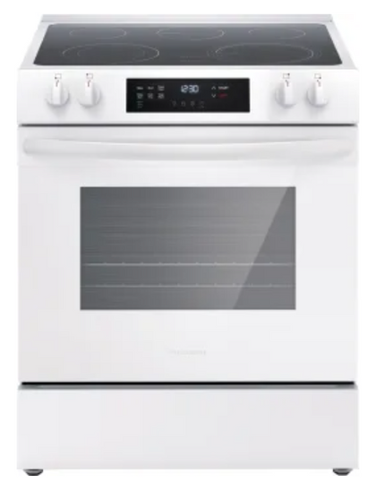 Frigidaire FCFE3062AW 30 Inch Freestanding Electric Range with 5.3 Cu. Ft. Capacity, 5 Smoothtop Elements, EvenTemp™ Element, SpaceWise® Element, Keep Warm Zone, Steam Clean, Store-More™ Storage, ADA Compliant and Energy Star Certified: White