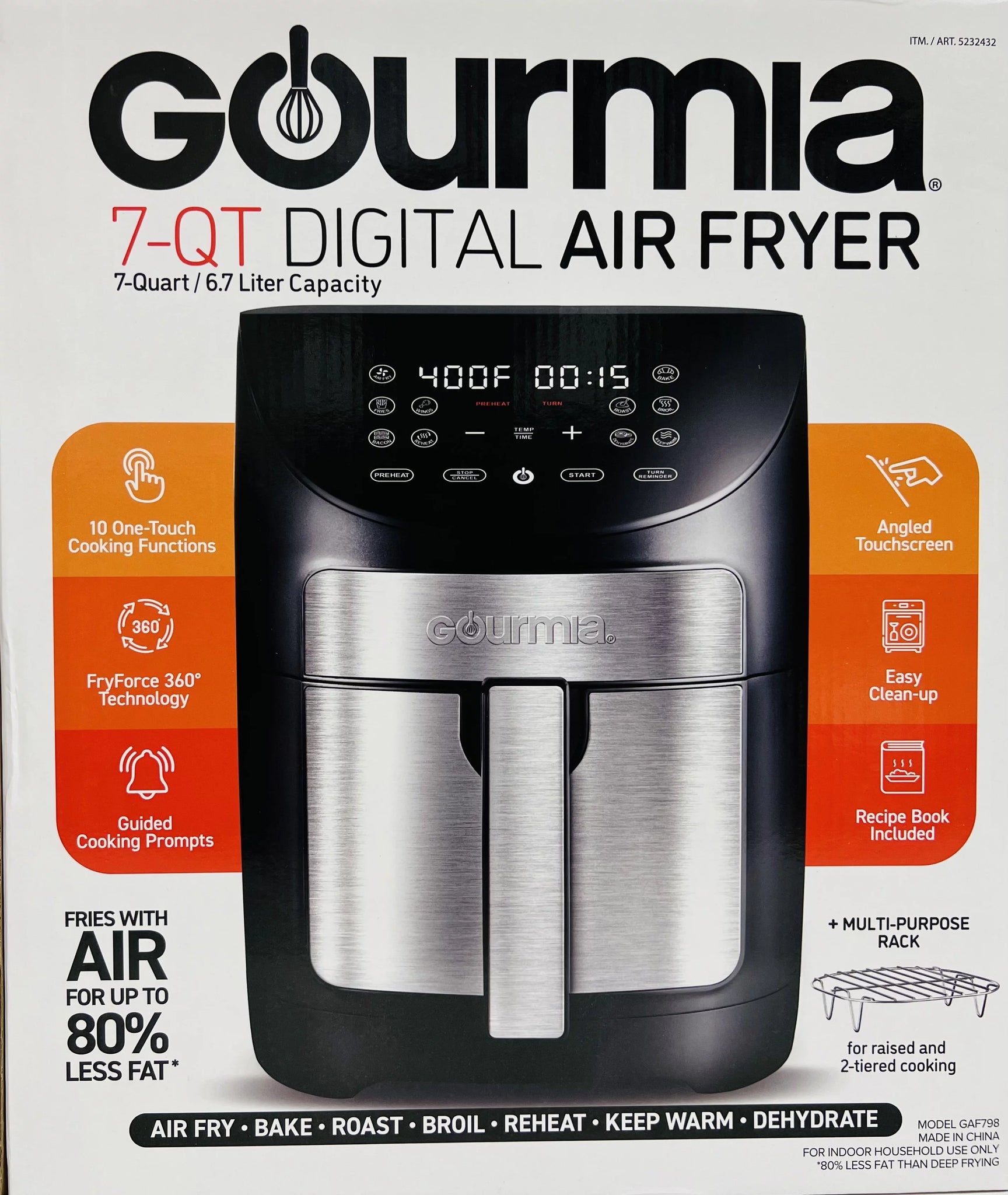 Air Fryers, Gourmia GAF798 Digital Air Fryer - No Oil Healthy Frying - 10  One-Touch Cooking Functions - Guided Cooking Prompts - Easy Clean-Up -  7-Quart Basket - Recipe Book Included