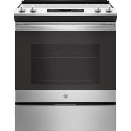 GE 30-in Smooth Surface 4 Elements 5.3-cu ft Self-Cleaning Slide-In Electric Range (Stainless Steel) -JS645SLSS