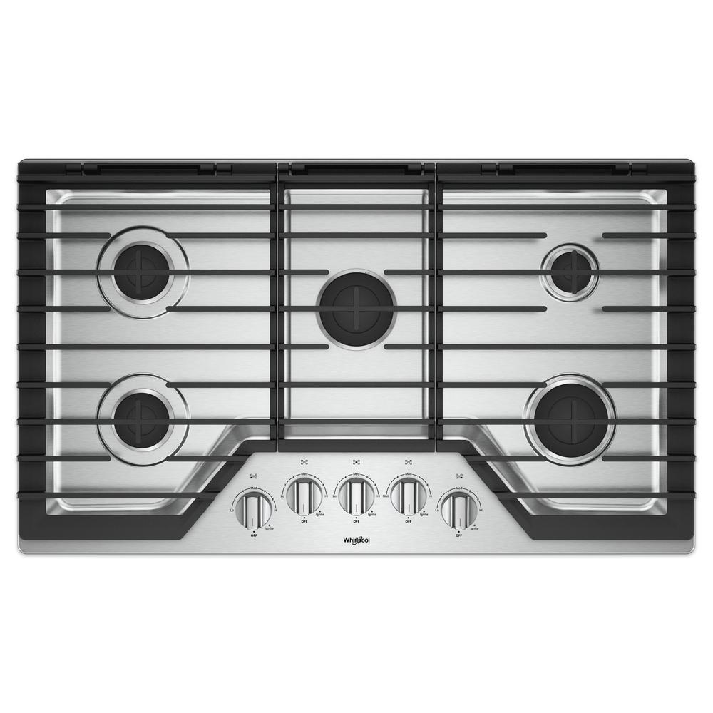 Whirlpool 36 in. Gas Cooktop in Stainless Steel with 5 Burners and EZ-2-LIFT Hinged Cast-Iron Grates - WCG55US6HS